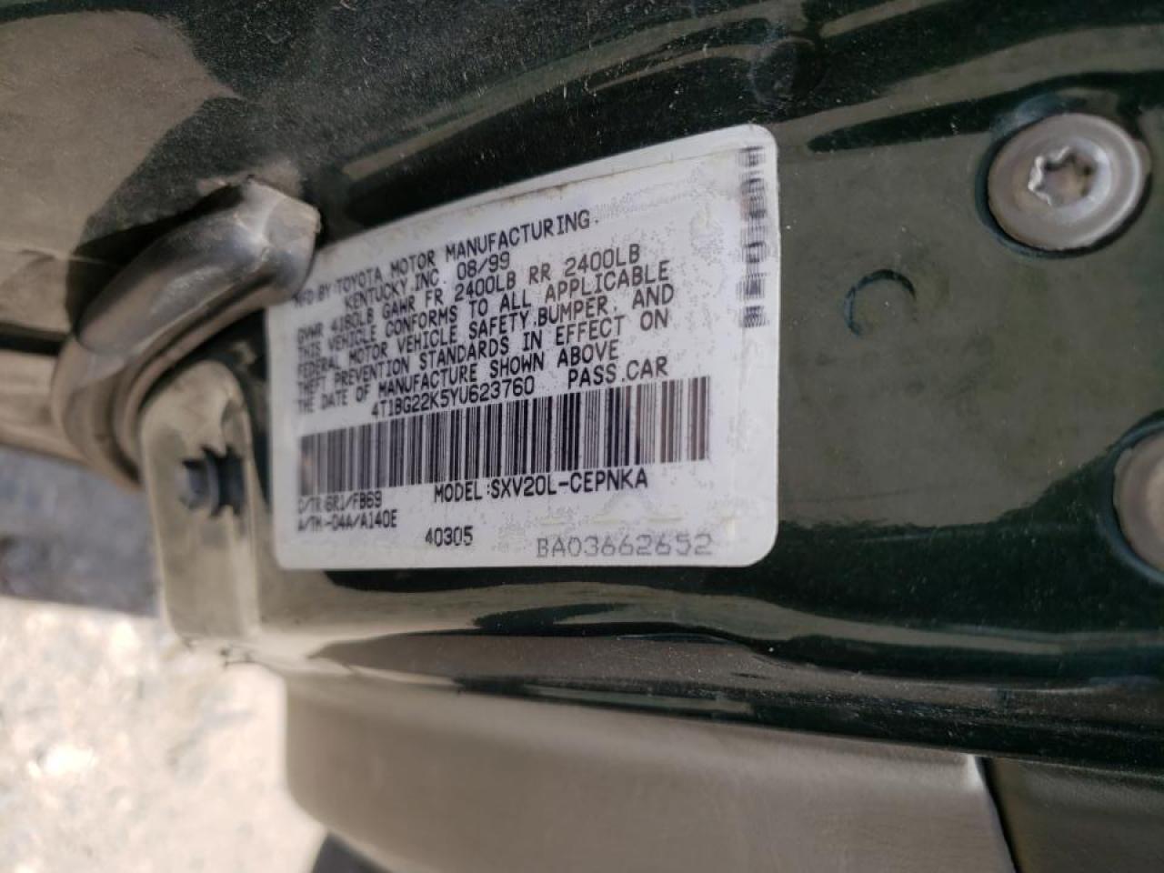 Photo 10 from auction – 2000 TOYOTA CAMRY CE with VIN 4T1BG22K5YU623760