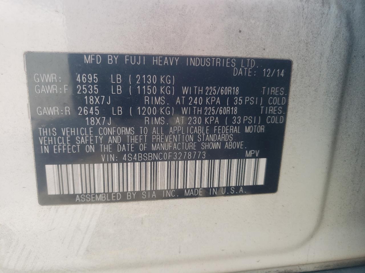 Photo 10 from auction – 2015 SUBARU OUTBACK with VIN 4S4BSBNC0F3278773