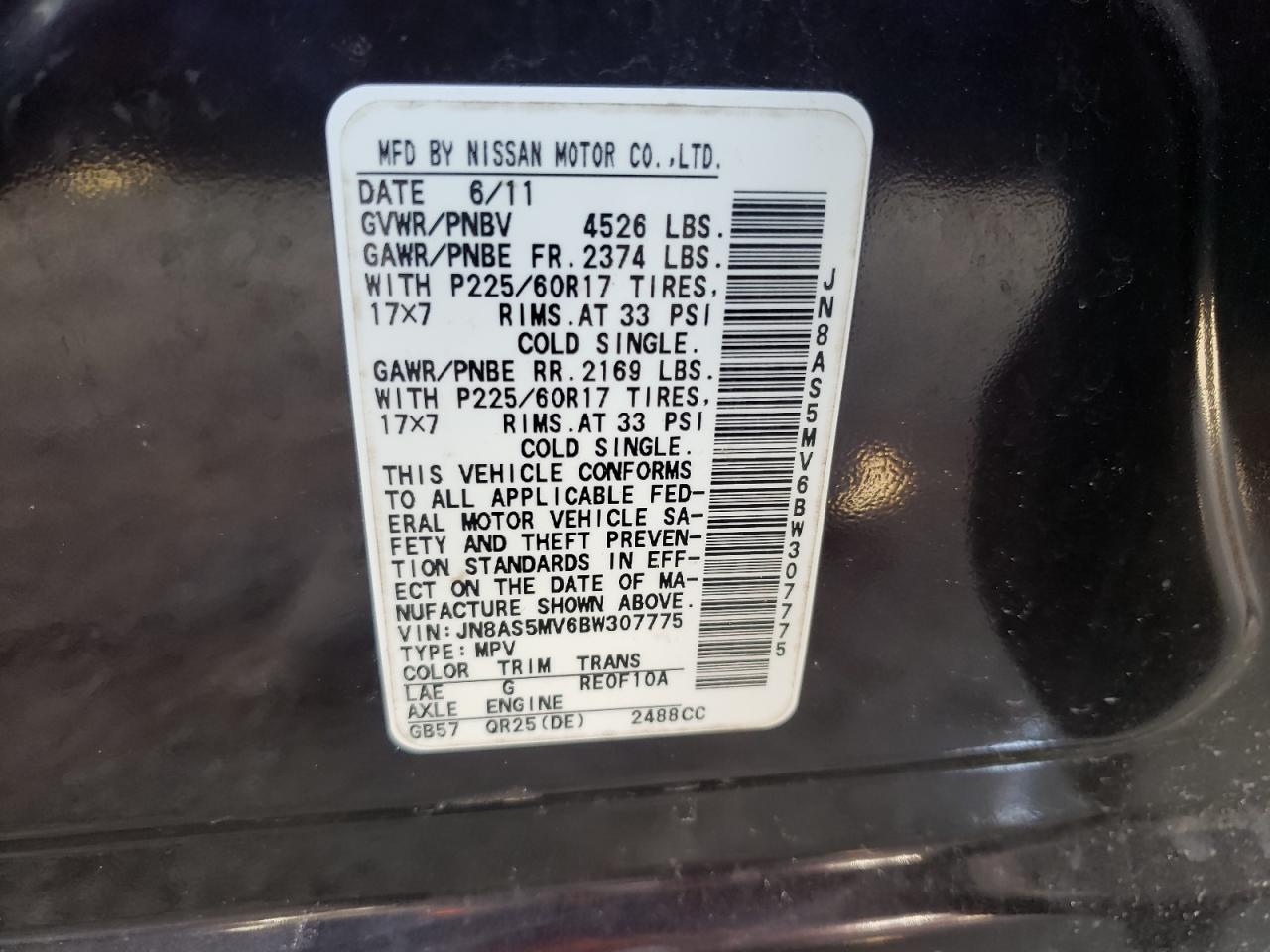 Photo 10 from auction – 2011 NISSAN ROGUE S with VIN JN8AS5MV6BW307775