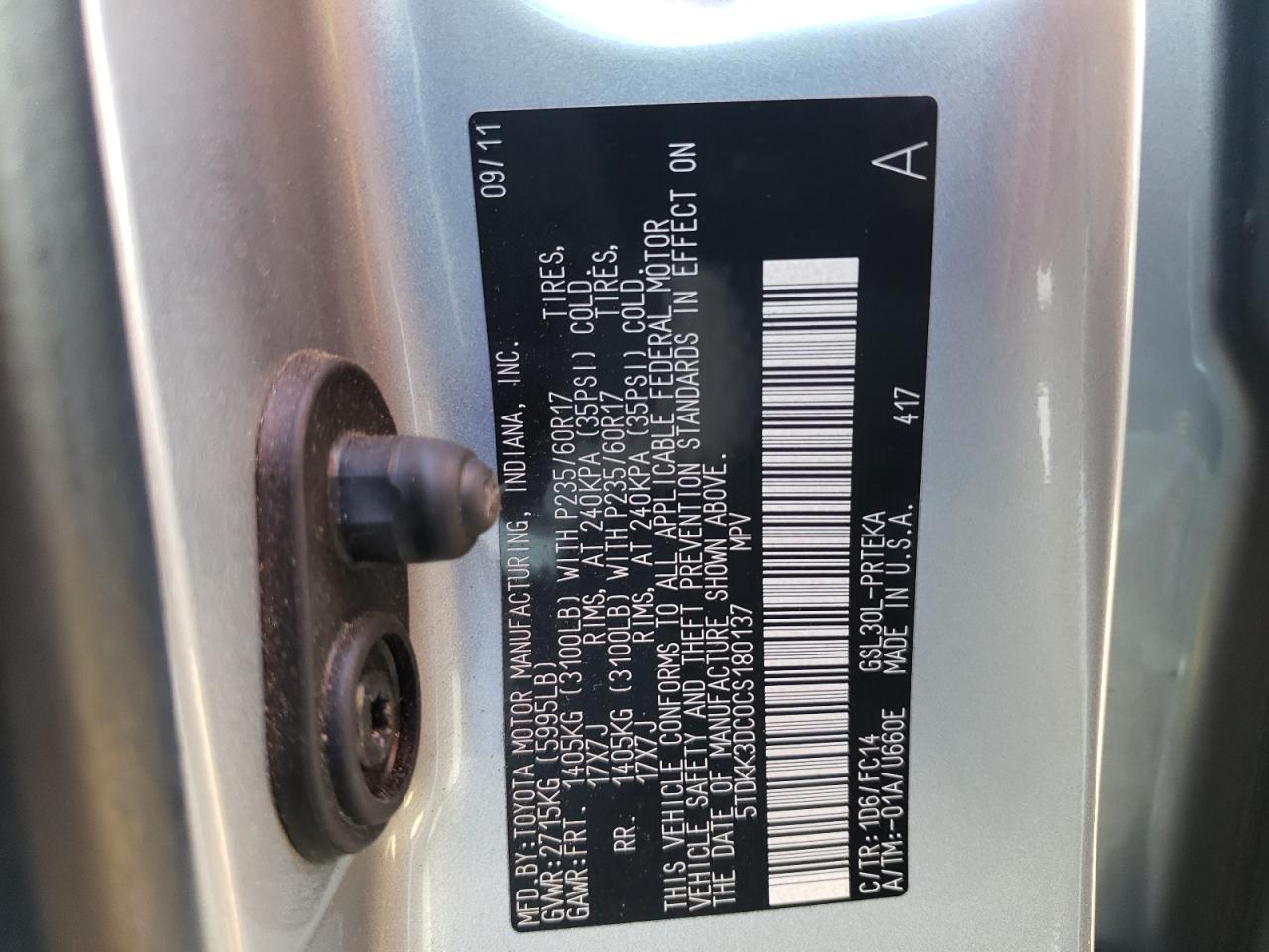 Photo 10 from auction – 2012 TOYOTA SIENNA LE with VIN 5TDKK3DC0CS180137