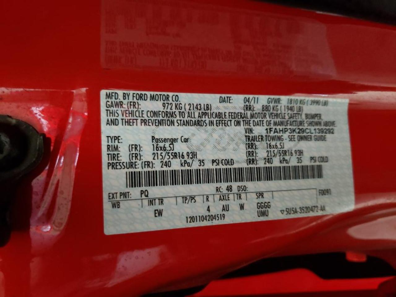 Photo 10 from auction – 2012 FORD FOCUS SE with VIN 1FAHP3K29CL139292