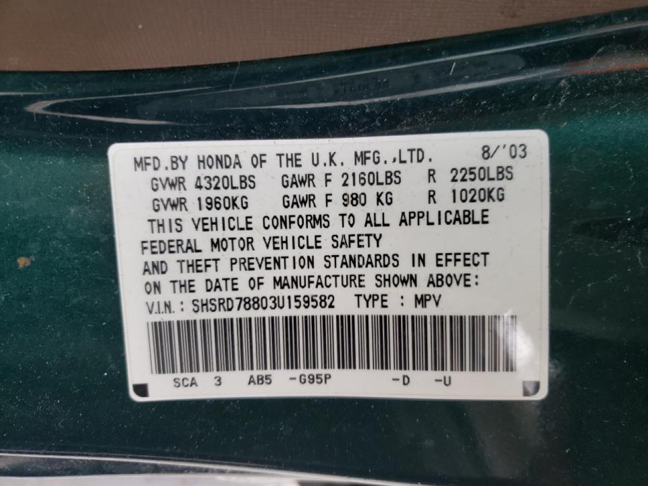 Photo 10 from auction – 2003 HONDA CR-V EX with VIN SHSRD78803U159582
