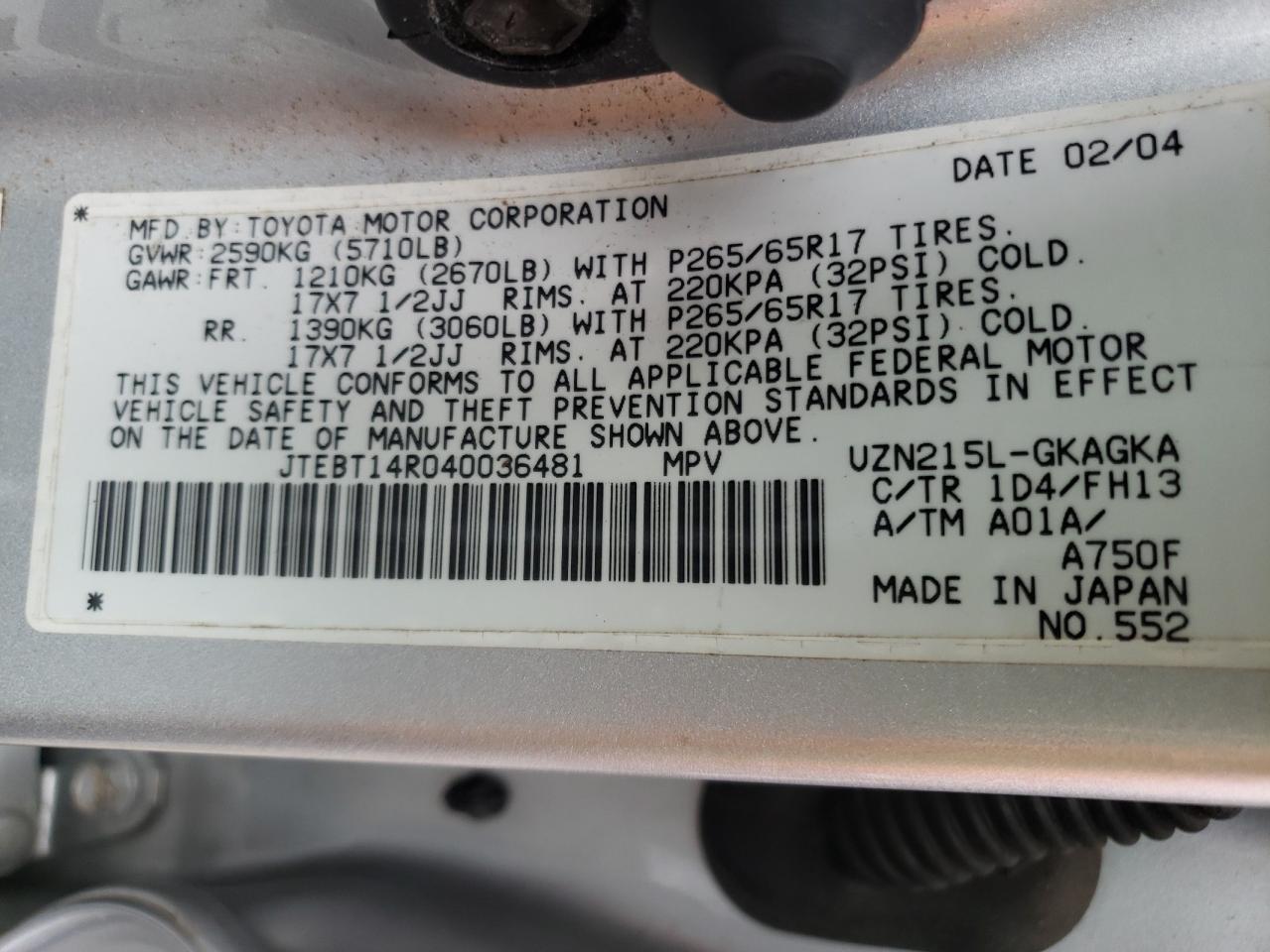 Photo 10 from auction – 2004 TOYOTA 4RUNNER SR with VIN JTEBT14R040036481