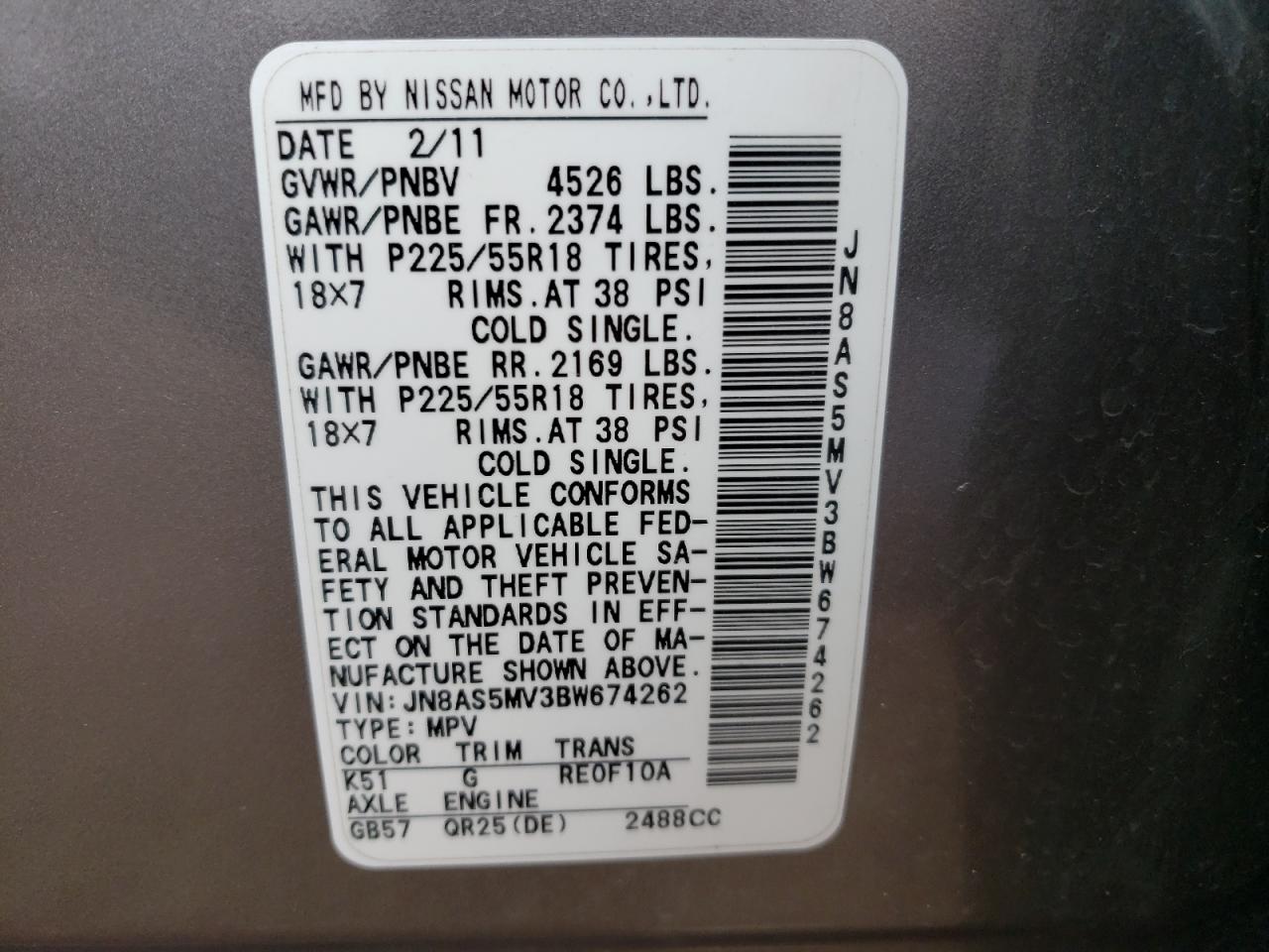 Photo 10 from auction – 2011 NISSAN ROGUE S with VIN JN8AS5MV3BW674262