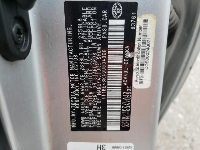 Photo 10 from auction – 2009 TOYOTA CAMRY BASE with VIN 4T1BE46K49U804068