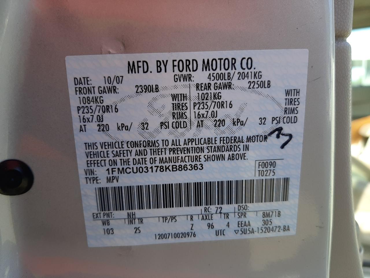 Photo 10 from auction – 2008 FORD ESCAPE XLT with VIN 1FMCU03178KB86363