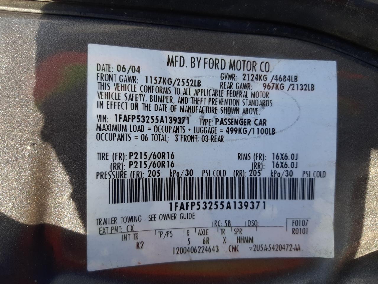 Photo 10 from auction – 2005 FORD TAURUS SE with VIN 1FAFP53255A139371