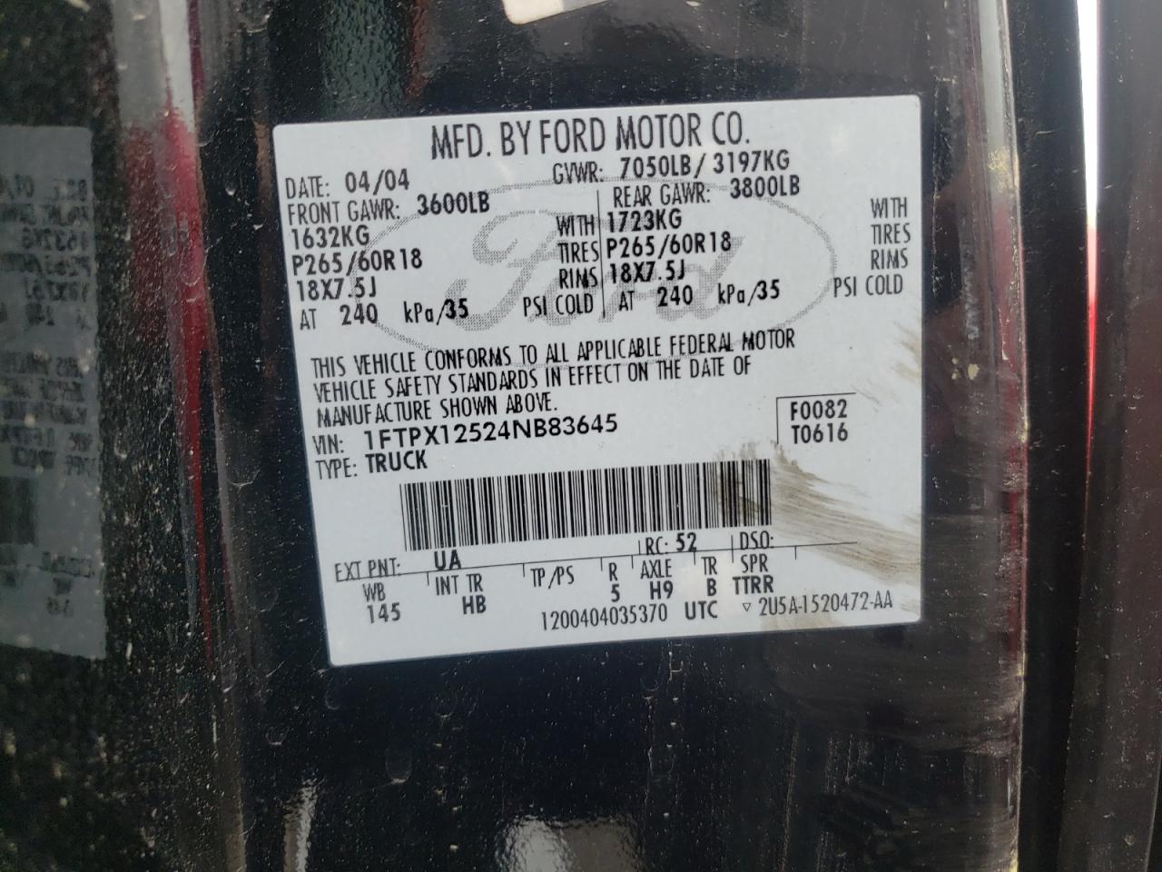 Photo 10 from auction – 2004 FORD F150 with VIN 1FTPX12524NB83645