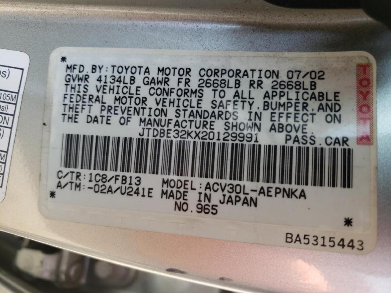 Photo 10 from auction – 2002 TOYOTA CAMRY LE with VIN JTDBE32KX20129991