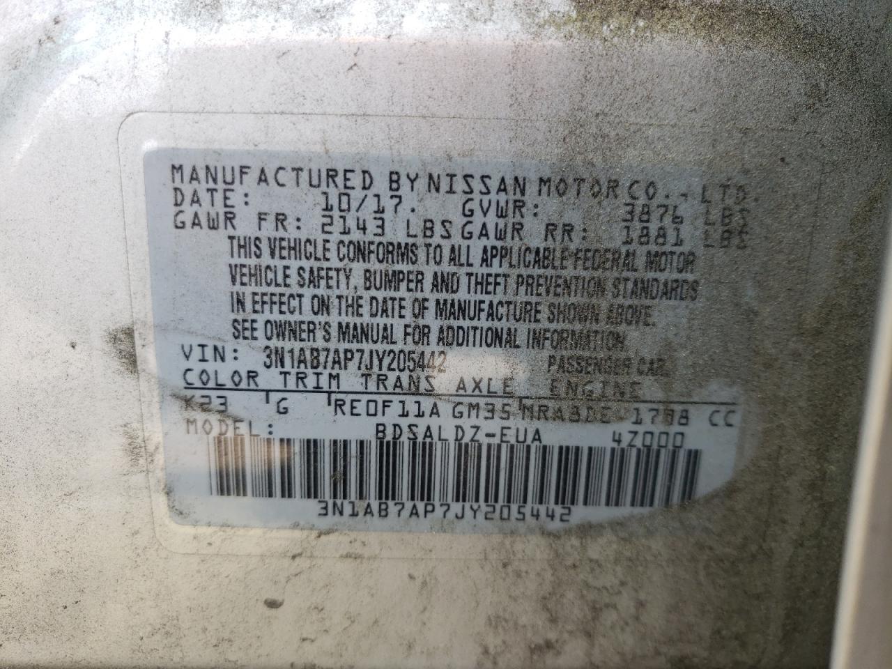 Photo 11 from auction – 2018 NISSAN SENTRA S with VIN 3N1AB7AP7JY205442