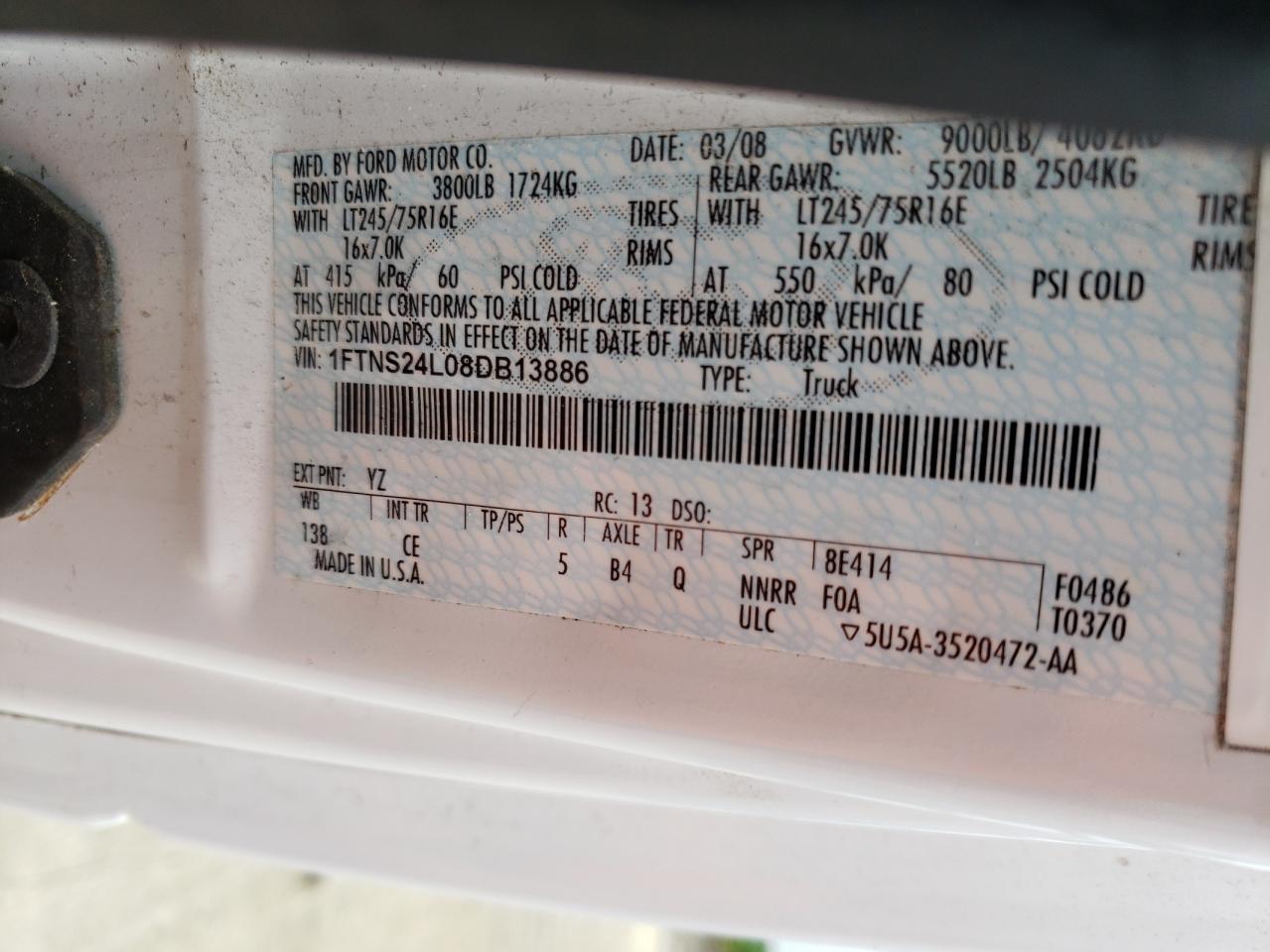 Photo 10 from auction – 2008 FORD ECONOLINE with VIN 1FTNS24L08DB13886