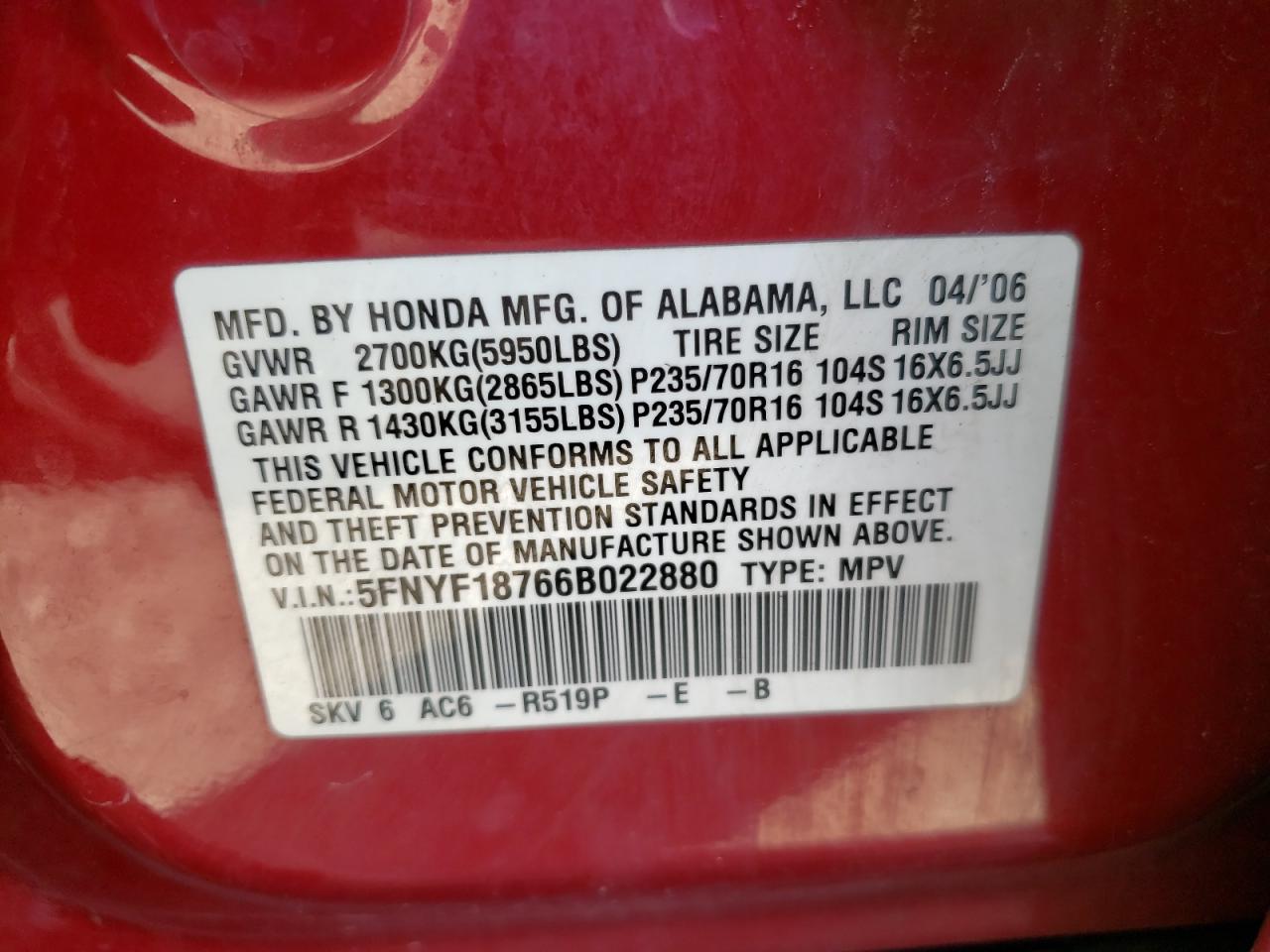 Photo 10 from auction – 2006 HONDA PILOT EX with VIN 5FNYF18766B022880