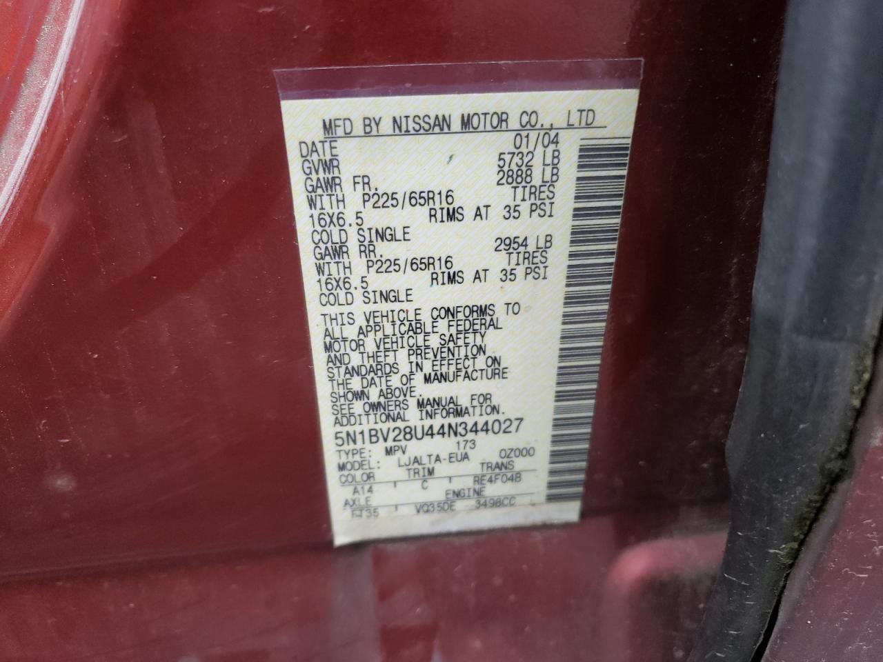 Photo 10 from auction – 2004 NISSAN QUEST with VIN 5N1BV28U44N344027