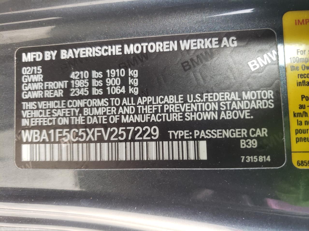 Photo 10 from auction – 2015 BMW 228 I with VIN WBA1F5C5XFV257229