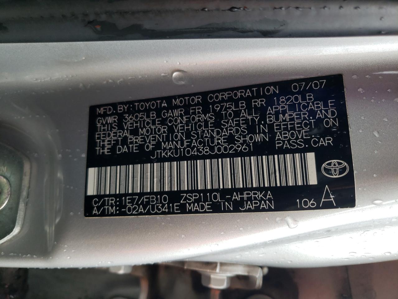 Photo 10 from auction – 2008 TOYOTA SCION XD with VIN JTKKU10438J002961