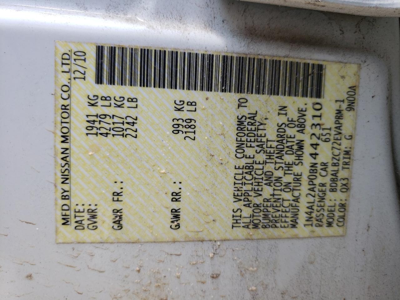 Photo 10 from auction – 2011 NISSAN ALTIMA BAS with VIN 1N4AL2AP0BN442310