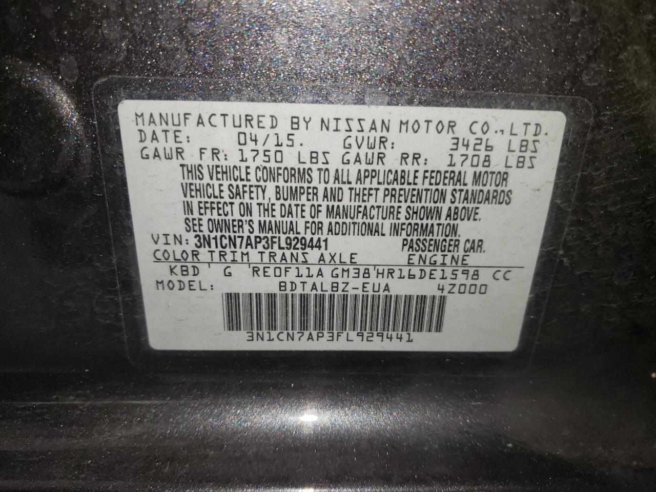 Photo 10 from auction – 2015 NISSAN VERSA S with VIN 3N1CN7AP3FL929441