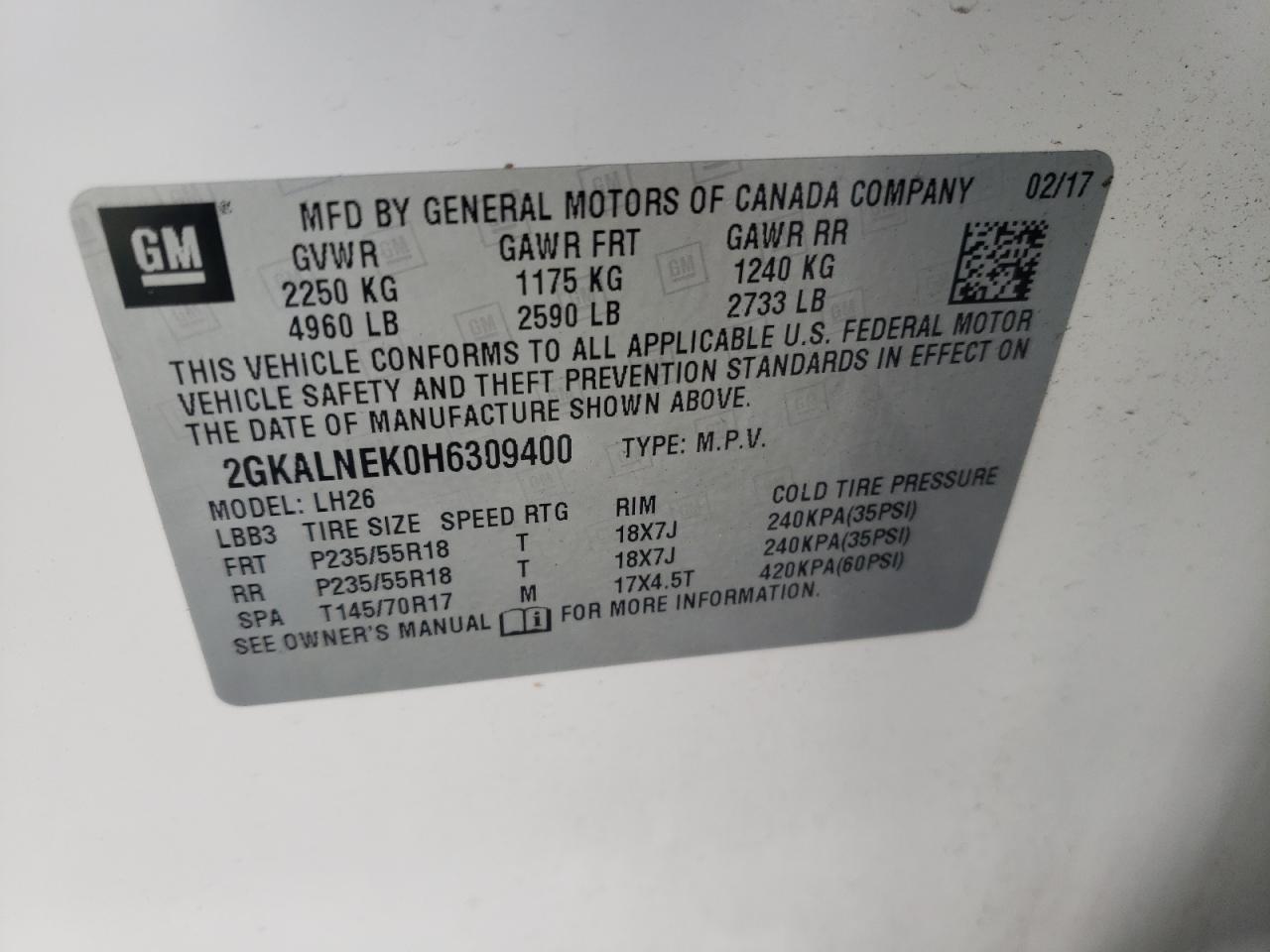 Photo 10 from auction – 2017 GMC TERRAIN SL with VIN 2GKALNEK0H6309400