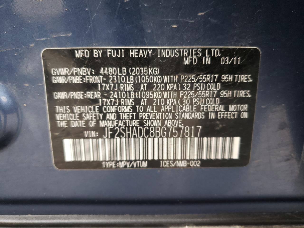 Photo 10 from auction – 2011 SUBARU FORESTER 2 with VIN JF2SHADC8BG757817