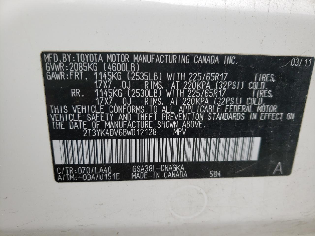 Photo 10 from auction – 2011 TOYOTA RAV4 LIMIT with VIN 2T3YK4DV6BW012128