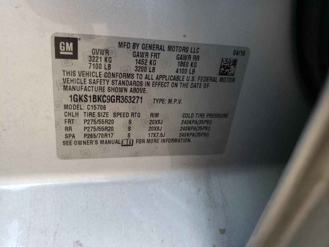 Photo 10 from auction – 2016 GMC YUKON SLT with VIN 1GKS1BKC9GR363271