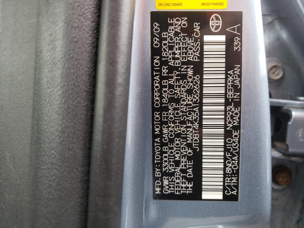 Photo 10 from auction – 2010 TOYOTA YARIS with VIN JTDBT4K35A1362626