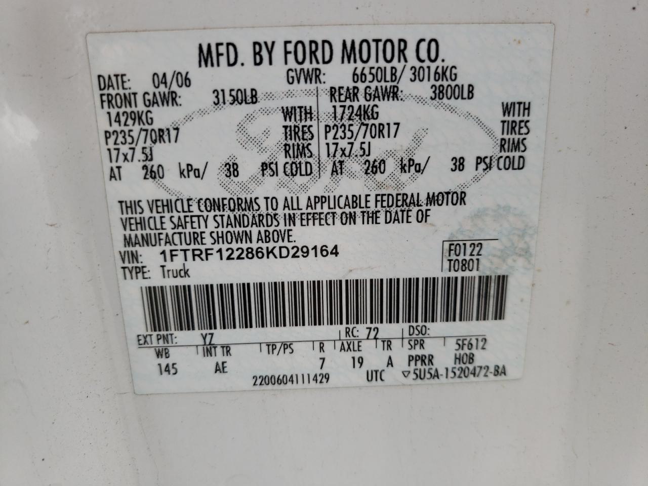 Photo 10 from auction – 2006 FORD F150 with VIN 1FTRF12286KD29164