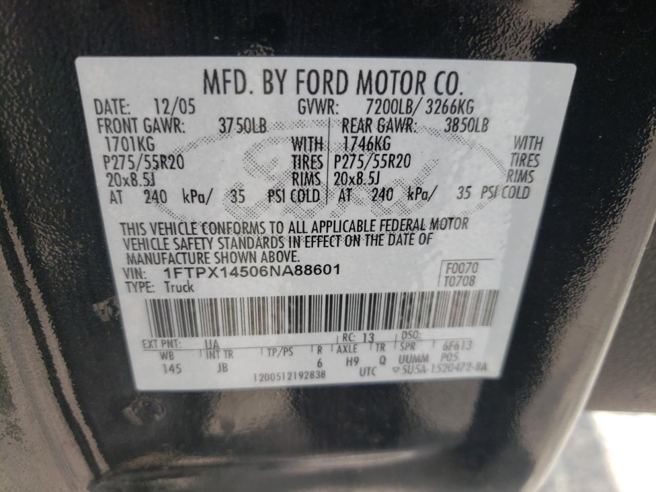 Photo 10 from auction – 2006 FORD F150 with VIN 1FTPX14506NA88601
