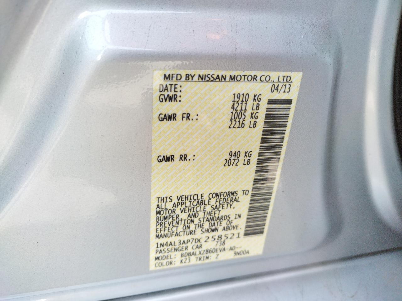 Photo 10 from auction – 2013 NISSAN ALTIMA 2.5 with VIN 1N4AL3AP7DC258521