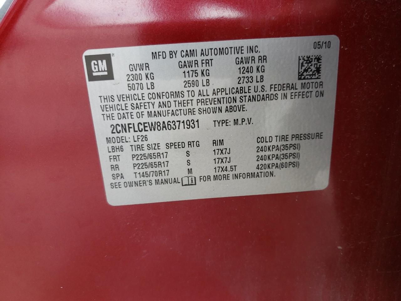 Zdjęcie 10 z aukcji – 2010 CHEVROLET EQUINOX LS z VIN 2CNFLCEW8A6371931