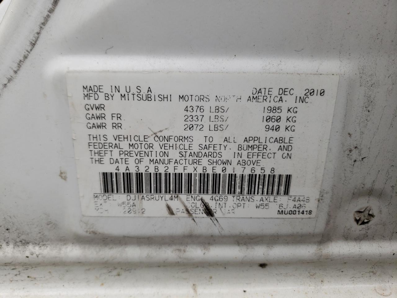 Photo 10 from auction – 2011 MITSUBISHI GALANT FE with VIN 4A32B2FFXBE017658