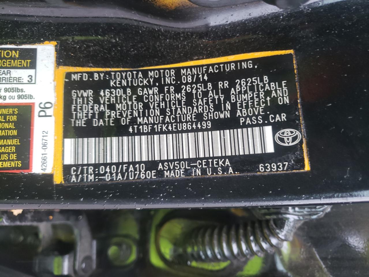 Photo 10 from auction – 2014 TOYOTA CAMRY L with VIN 4T1BF1FK4EU864499