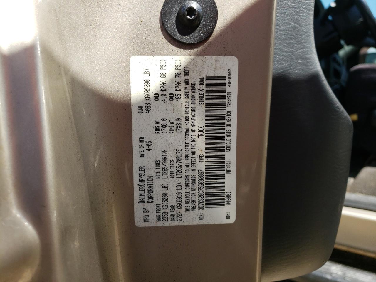 Photo 10 from auction – 2005 DODGE RAM 2500 S with VIN 3D7KS28C75G830867