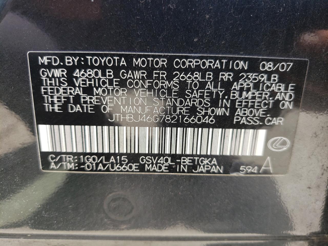 Photo 10 from auction – 2008 LEXUS ES 350 with VIN JTHBJ46G782166046