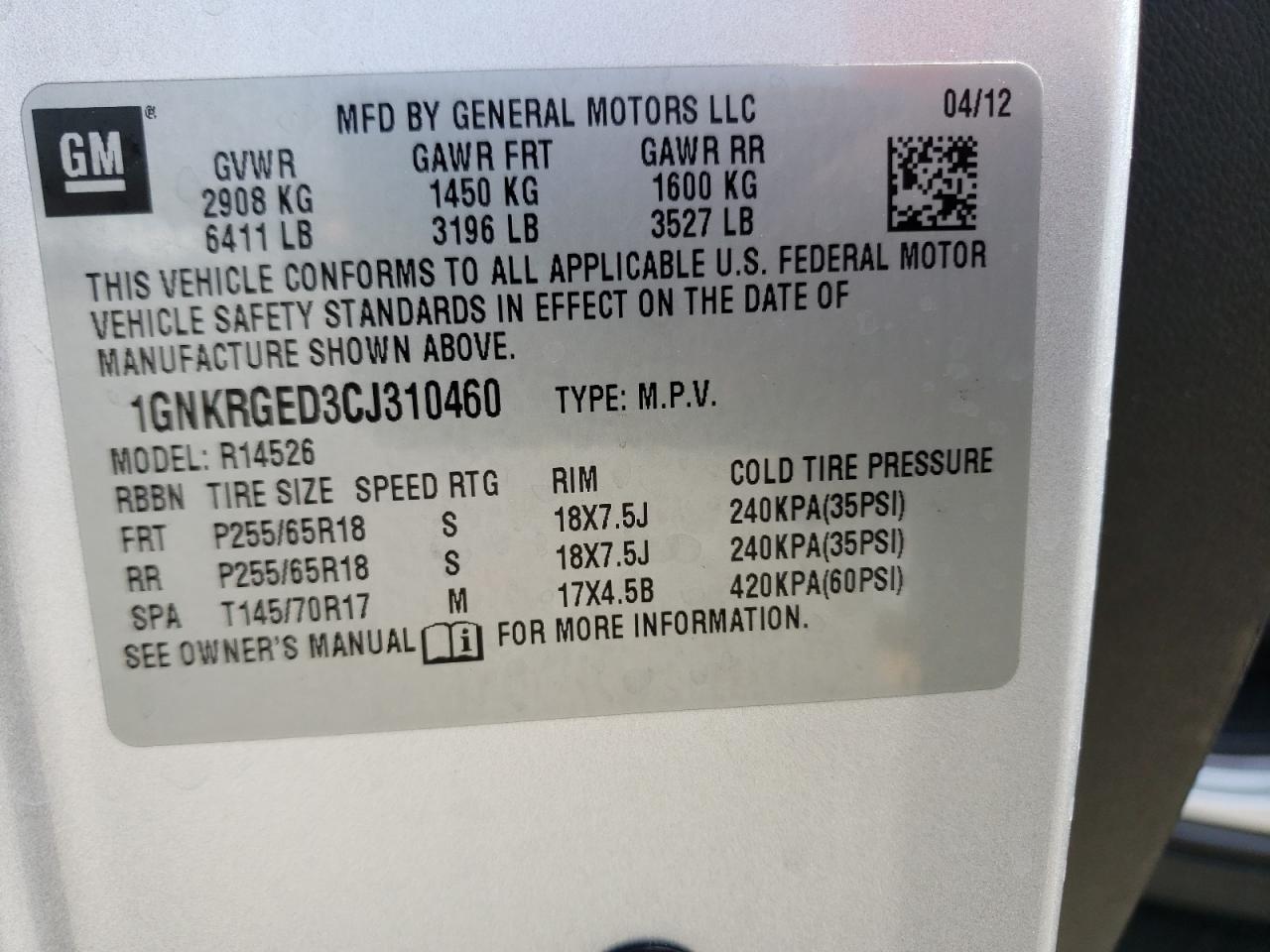 Photo 10 from auction – 2012 CHEVROLET TRAVERSE L with VIN 1GNKRGED3CJ310460