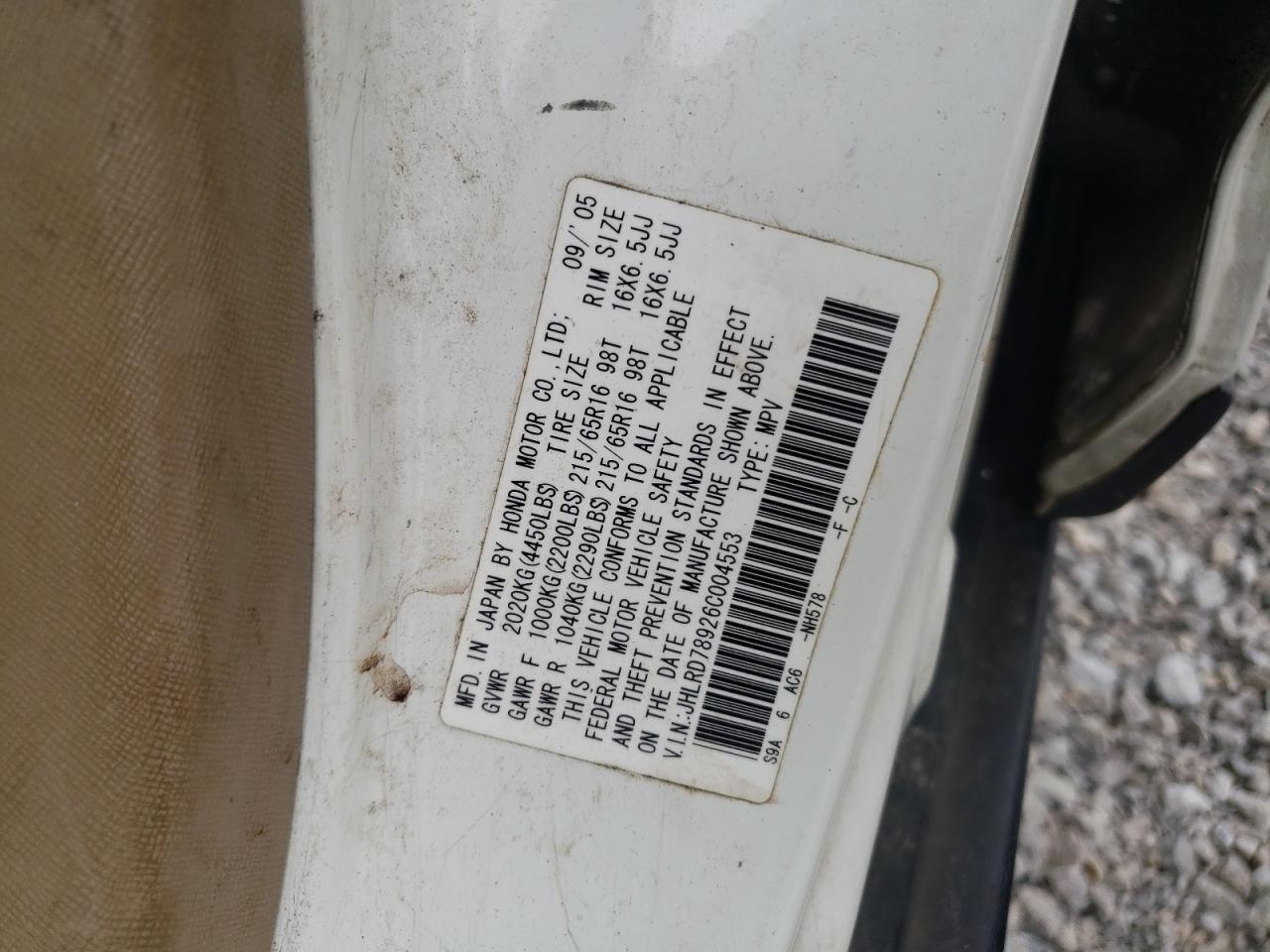 Photo 10 from auction – 2006 HONDA CR-V SE with VIN JHLRD78926C004553