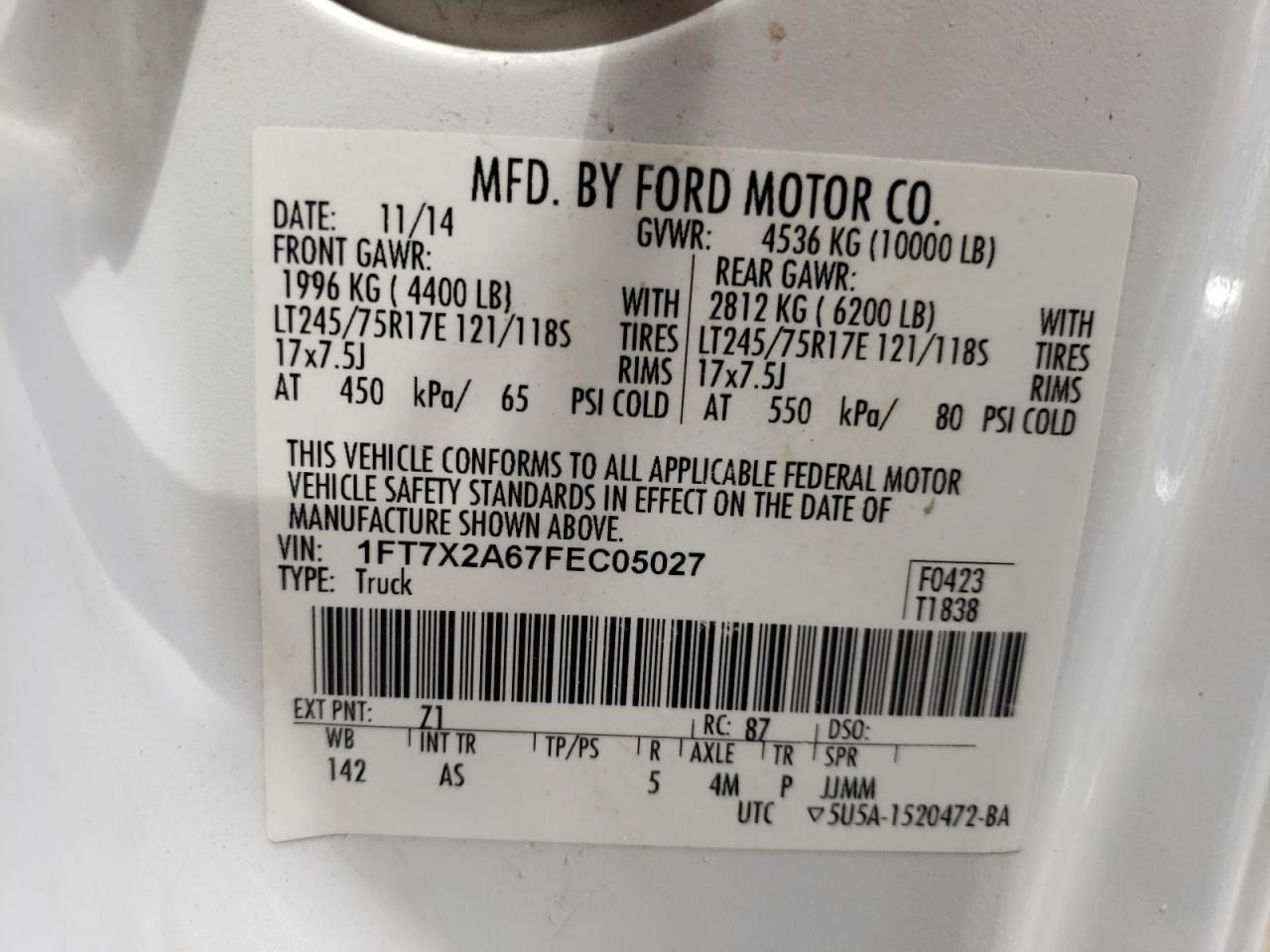 Photo 10 from auction – 2015 FORD F250 SUPER with VIN 1FT7X2A67FEC05027