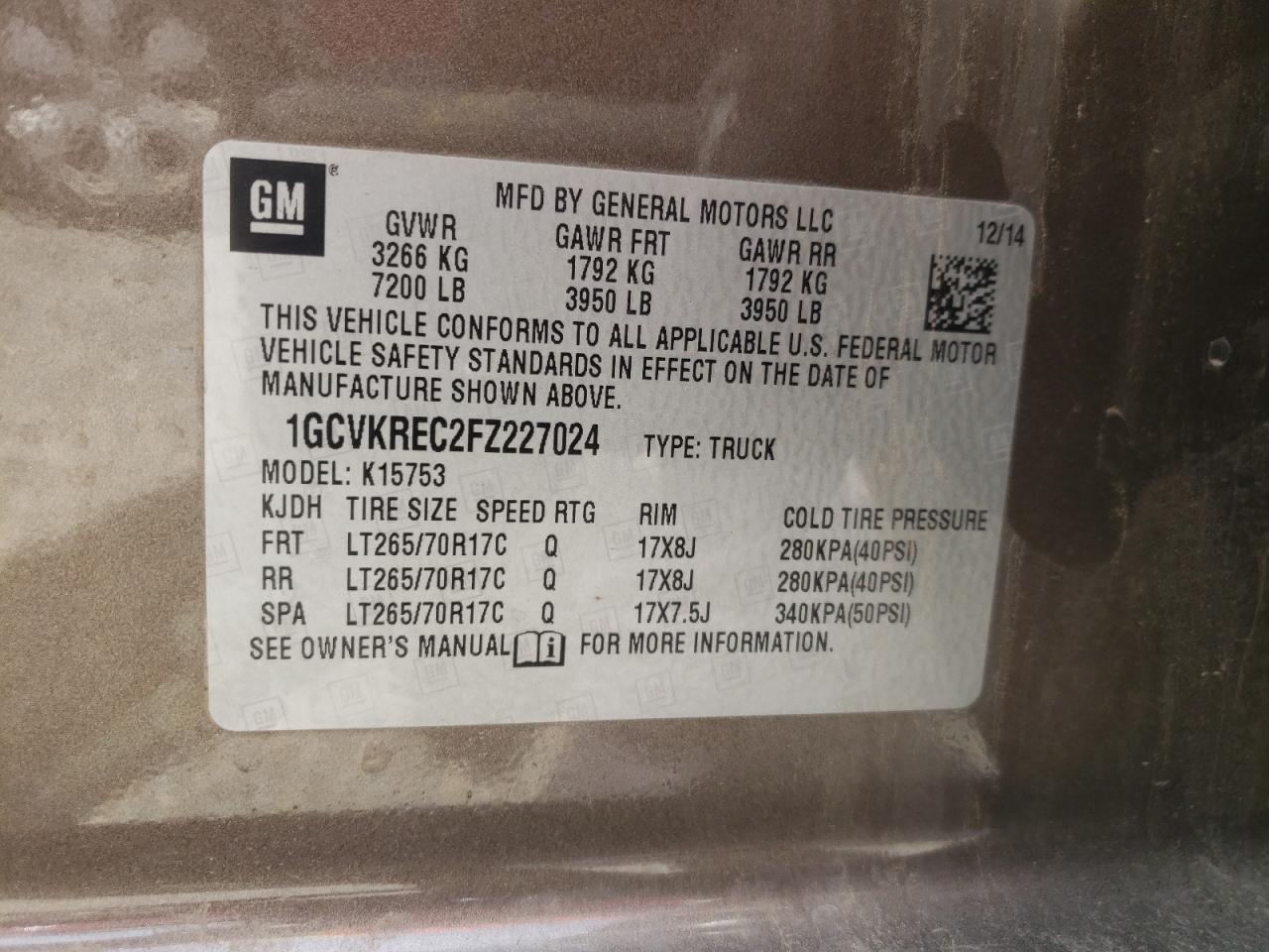 Photo 10 from auction – 2015 CHEVROLET SILVERADO with VIN 1GCVKREC2FZ227024