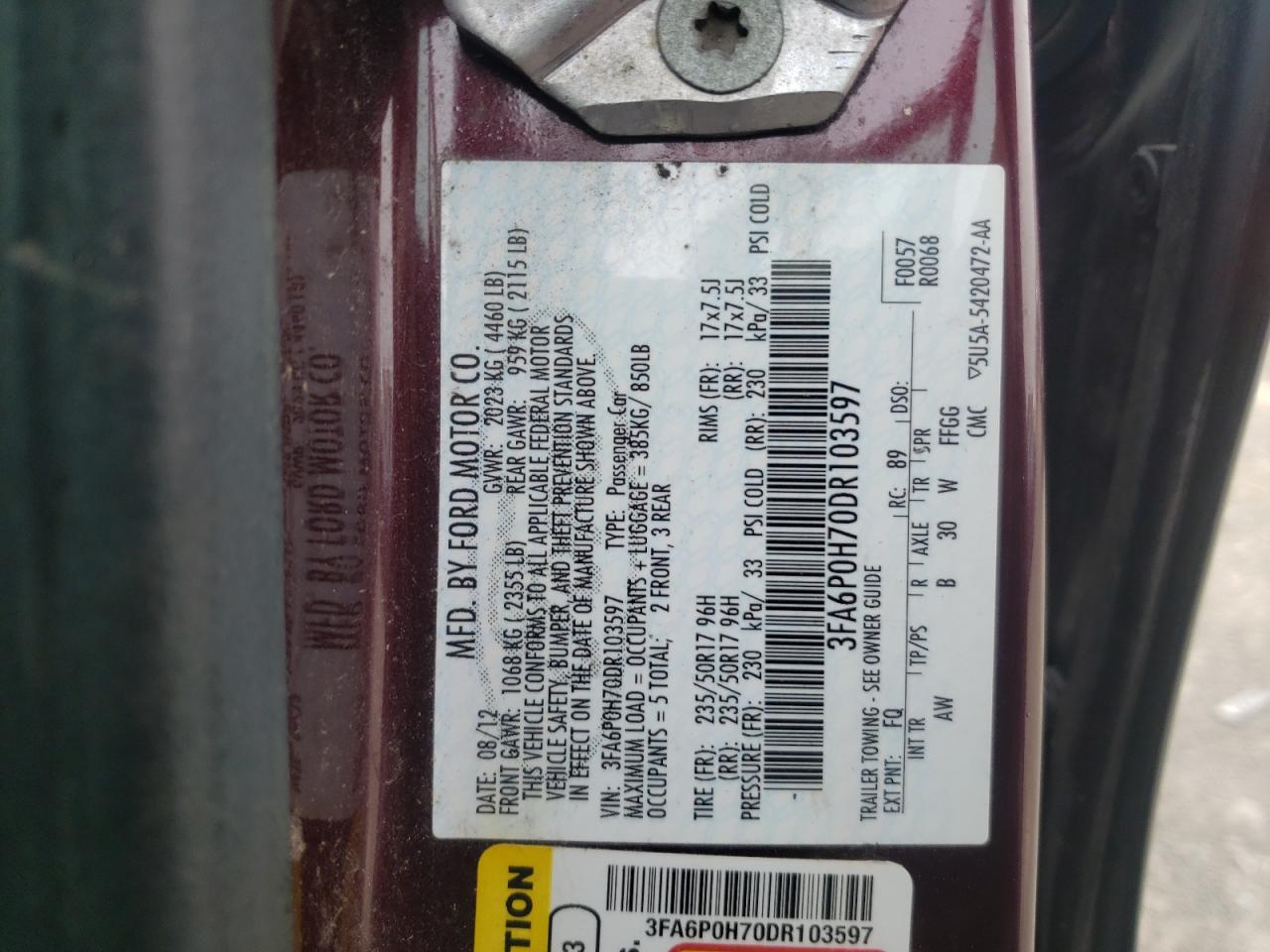 Photo 10 from auction – 2013 FORD FUSION SE with VIN 3FA6P0H70DR103597