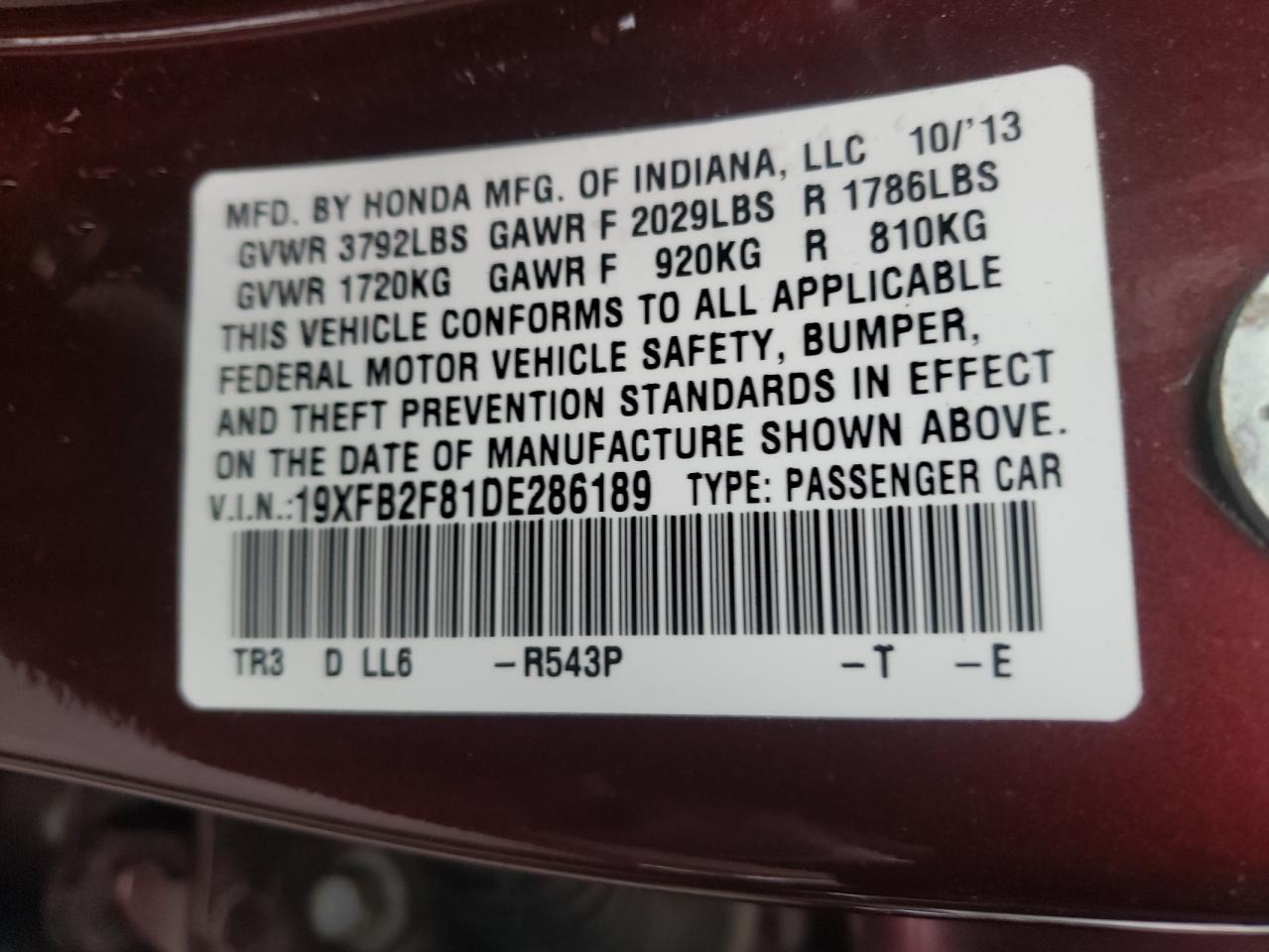 Photo 10 from auction – 2013 HONDA CIVIC EX with VIN 19XFB2F81DE286189