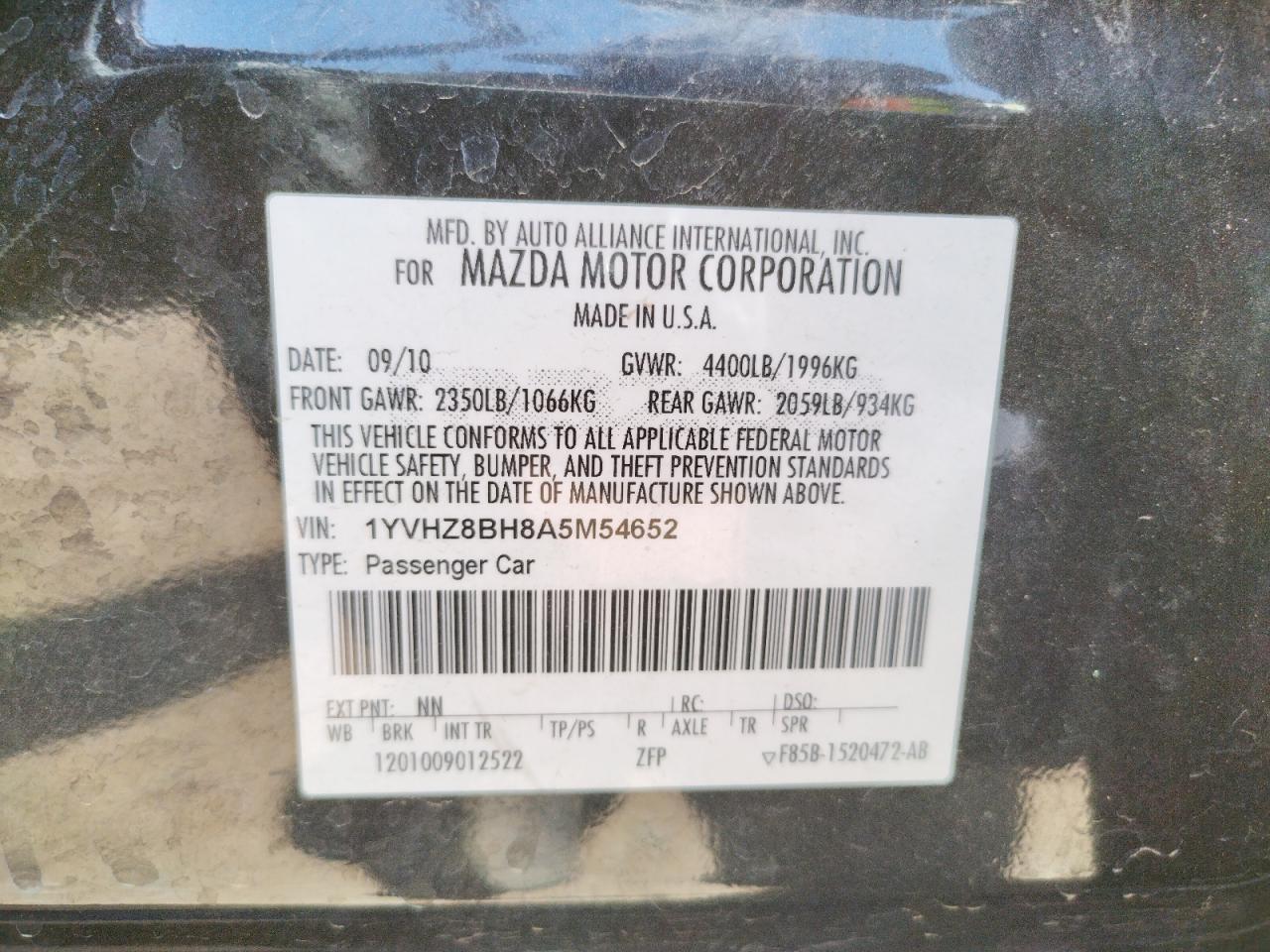 Photo 10 from auction – 2010 MAZDA 6 I with VIN 1YVHZ8BH8A5M54652