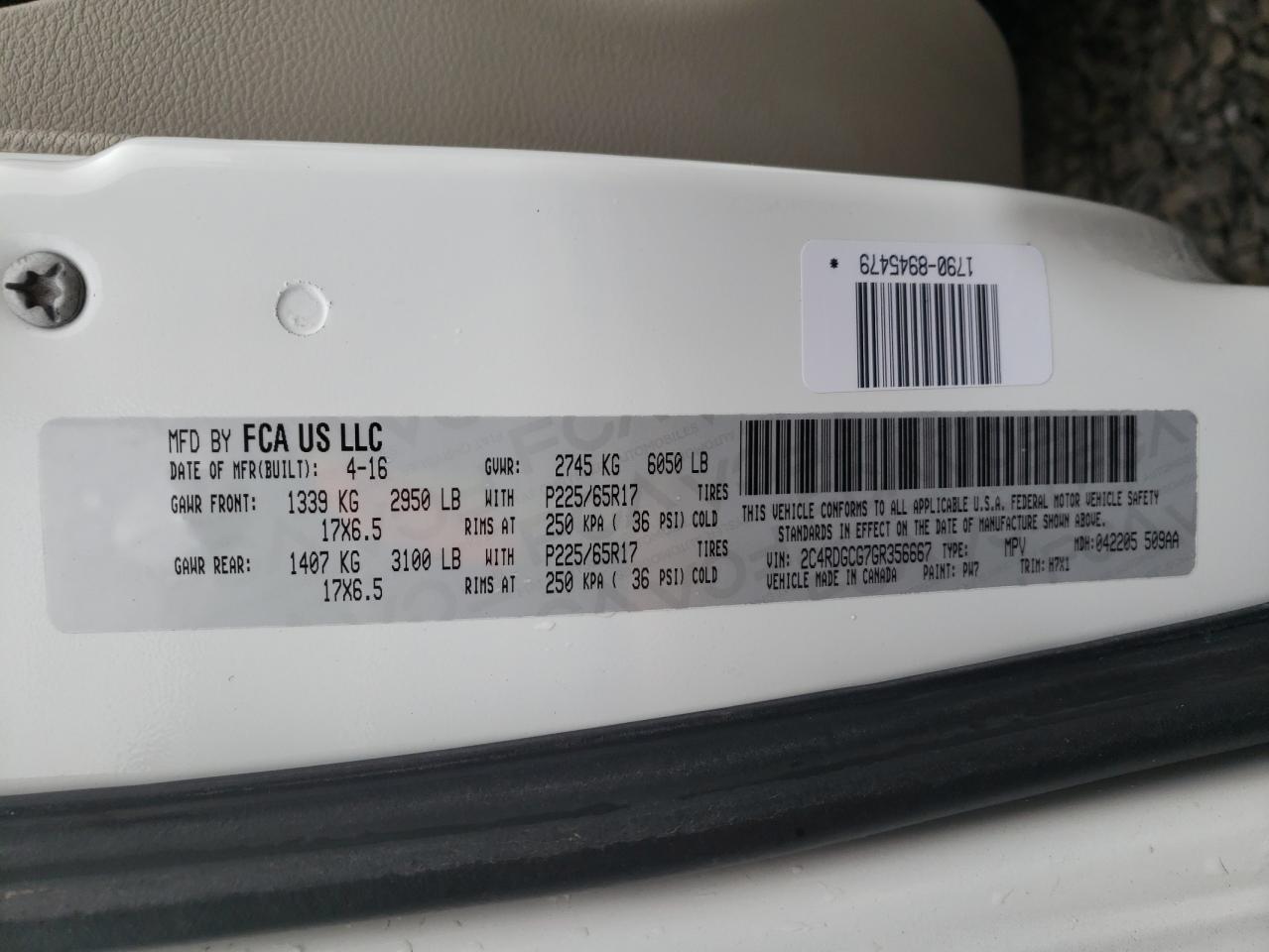Photo 10 from auction – 2016 DODGE GRAND CARA with VIN 2C4RDGCG7GR356667