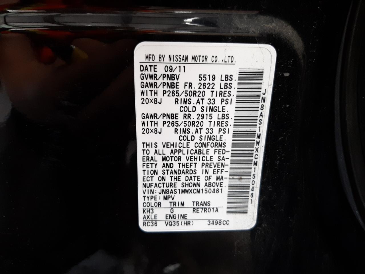 Photo 10 from auction – 2012 INFINITI FX35 with VIN JN8AS1MWXCM150461