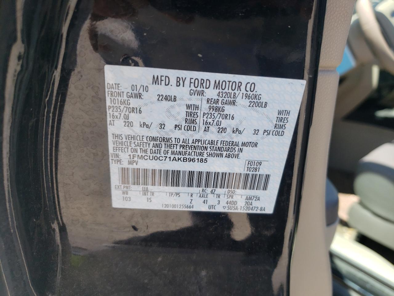 Photo 10 from auction – 2010 FORD ESCAPE XLS with VIN 1FMCU0C71AKB96185