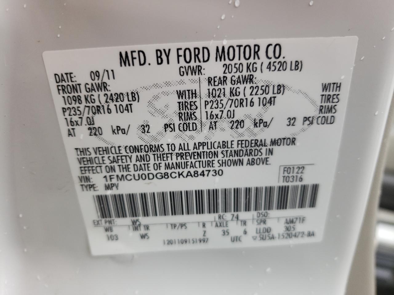 صورة رقم 10 من المزاد - 2012 FORD ESCAPE XLT مع VIN 1FMCU0DG8CKA84730