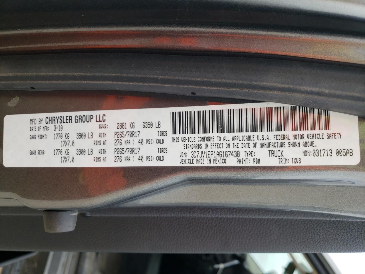 Photo 10 from auction – 2010 DODGE RAM 1500 with VIN 3D7JV1EP1AG167438