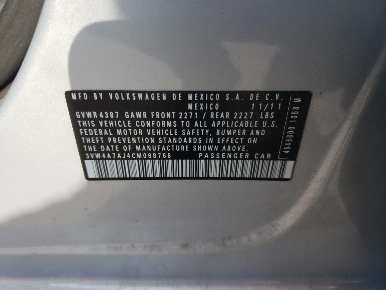 Photo 10 from auction – 2012 VOLKSWAGEN JETTA with VIN 3VW4A7AJ4CM068766
