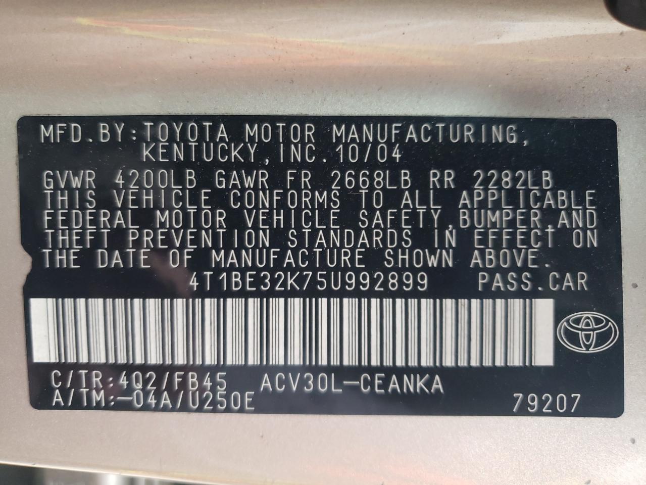 Photo 10 from auction – 2005 TOYOTA CAMRY LE with VIN 4T1BE32K75U992899
