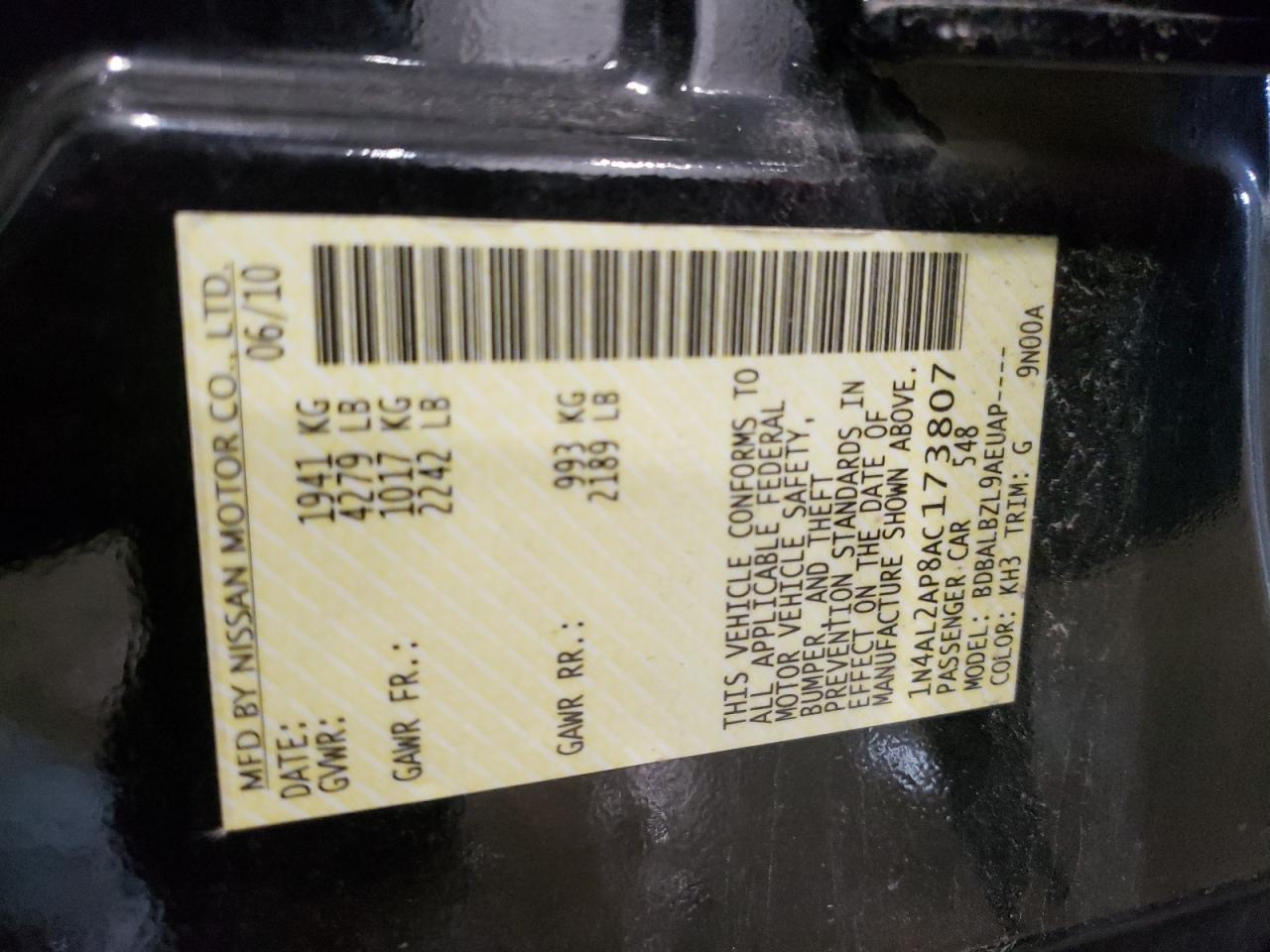 Photo 10 from auction – 2010 NISSAN ALTIMA BAS with VIN 1N4AL2AP8AC173807