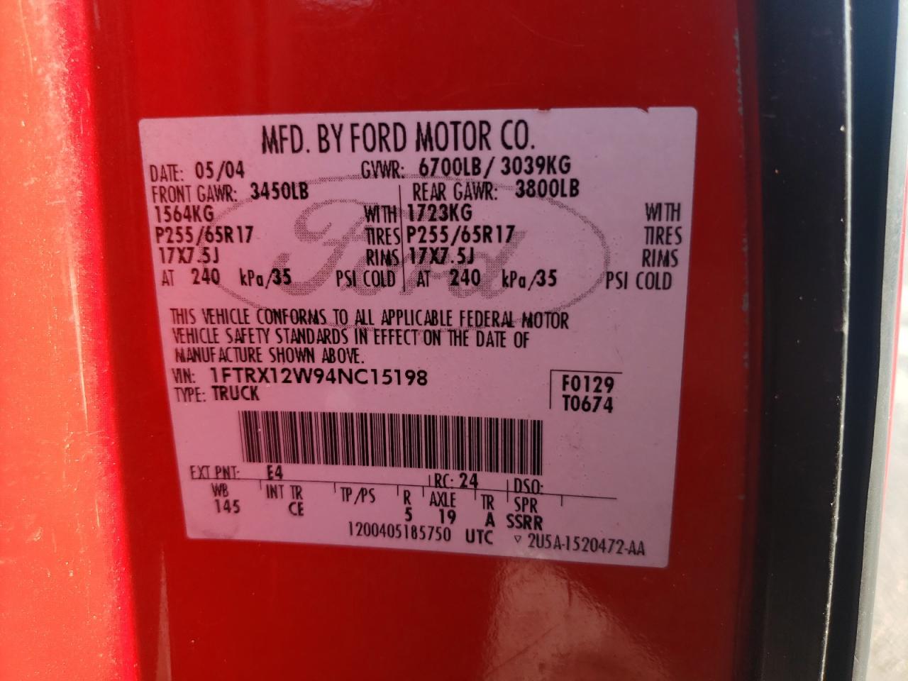 Photo 10 from auction – 2004 FORD F150 with VIN 1FTRX12W94NC15198